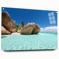 Large abstract wall art of Seychelles scenery on acrylic glass, with vibrant blue and green tones.