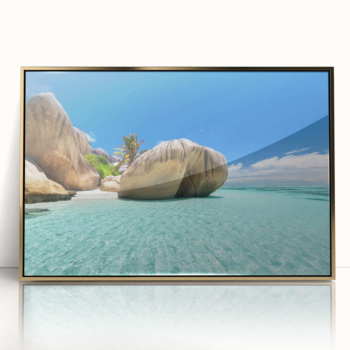Large art print of a serene Seychelles beach scene in mid-century modernist style, framed in gold acrylic.
