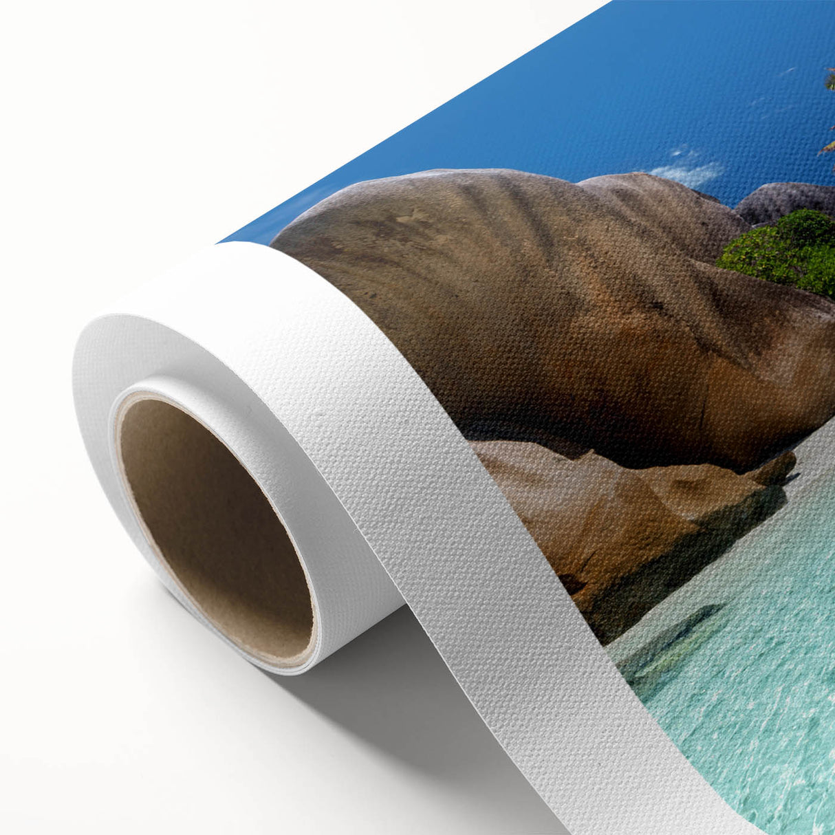Art deco poster depicting a serene Seychelles scenery in soft pastel shades on rolled canvas, ideal for nursery wall art.