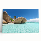 Black and white photograph of Seychelles scenery on large stretched canvas, suitable for kitchen art.