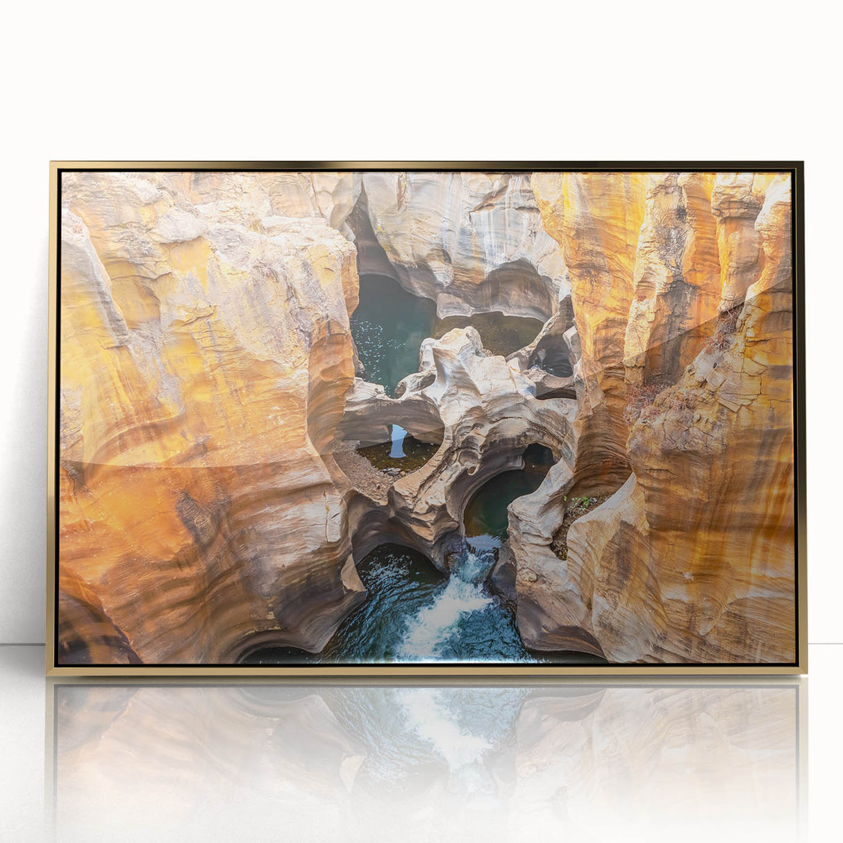Large art print of a South African scenery on a gold-framed acrylic, featuring mid-century modernist style.