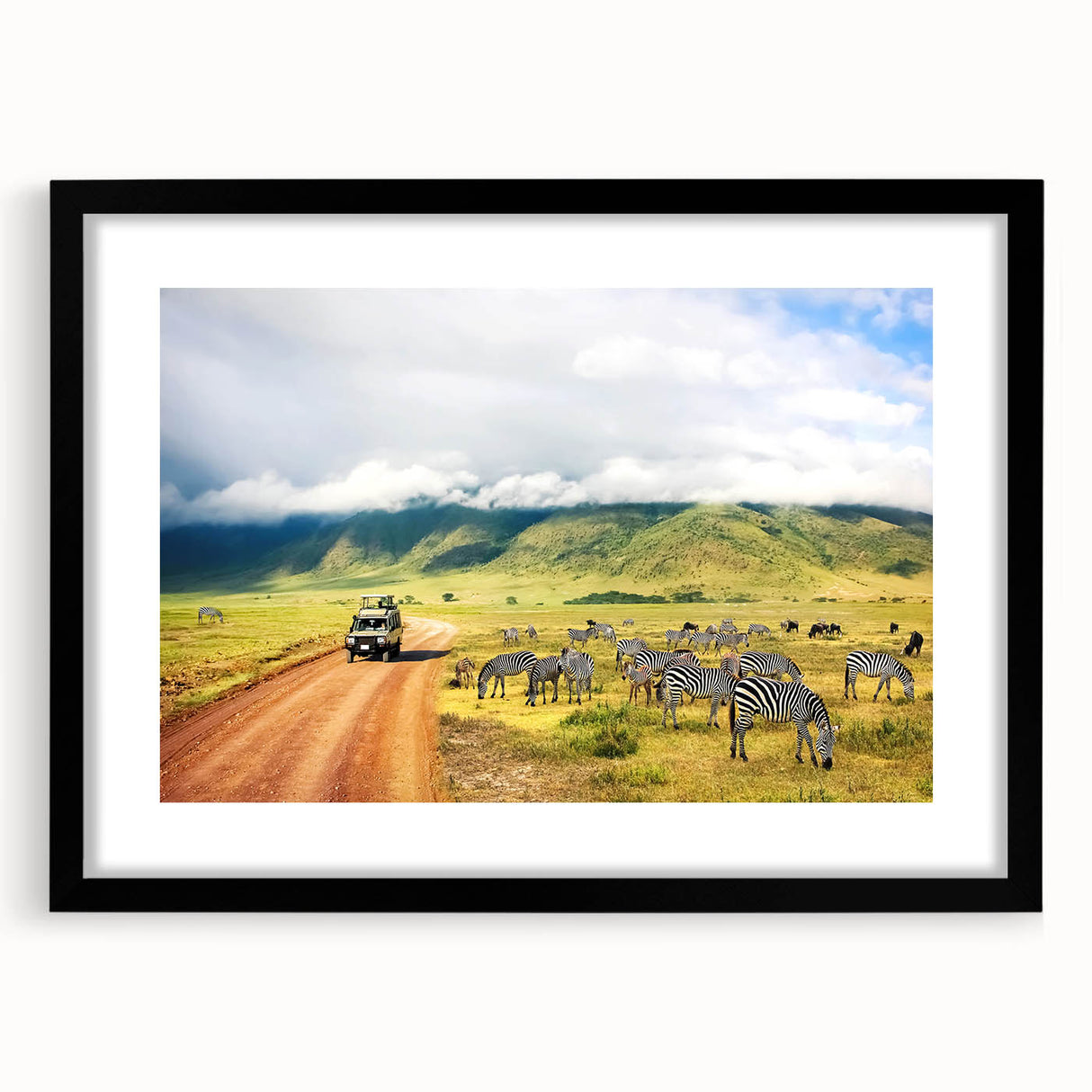 Abstract art print of African scenery in vibrant colors on a large textured canvas, ideal for living room decor.