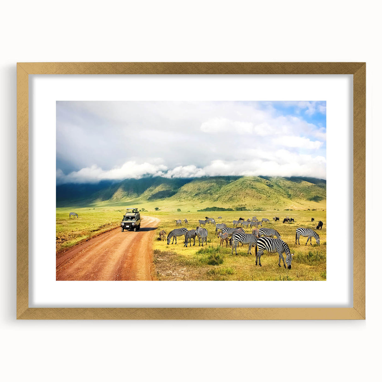 Extra large abstract art print of a Tanzanian scenery in gold frame, ideal for living room decor.