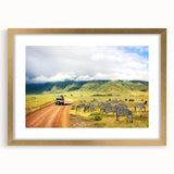 Extra large abstract art print of a Tanzanian scenery in gold frame, ideal for living room decor.