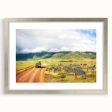 Textured abstract art print of the Tanzanian scenery in muted earth tones, framed in silver, ideal for bedroom art.