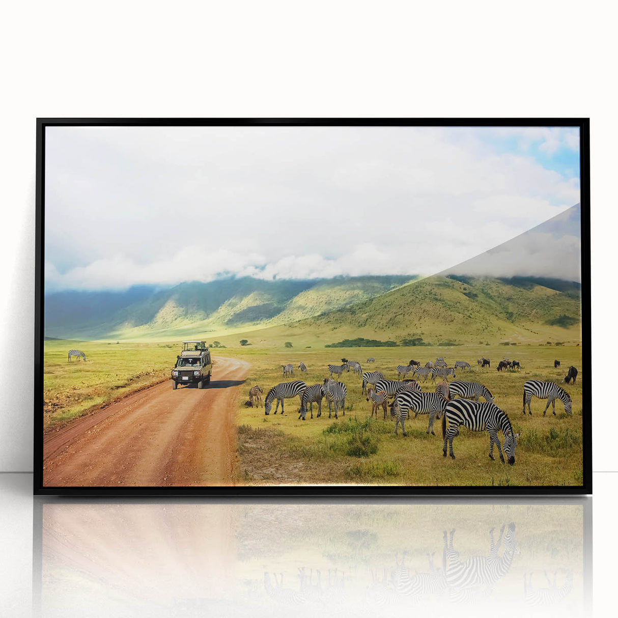 Large abstract wall art depicting a Tanzanian scenery in muted earth tones on a framed acrylic.