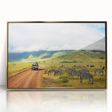 Framed acrylic print of a Tanzanian landscape in gold and green tones, ideal for modern art wall decor.