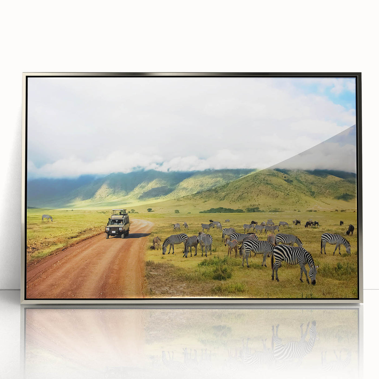 Mid-century modernist art depicting a Tanzanian landscape in muted earth tones on a framed acrylic print.