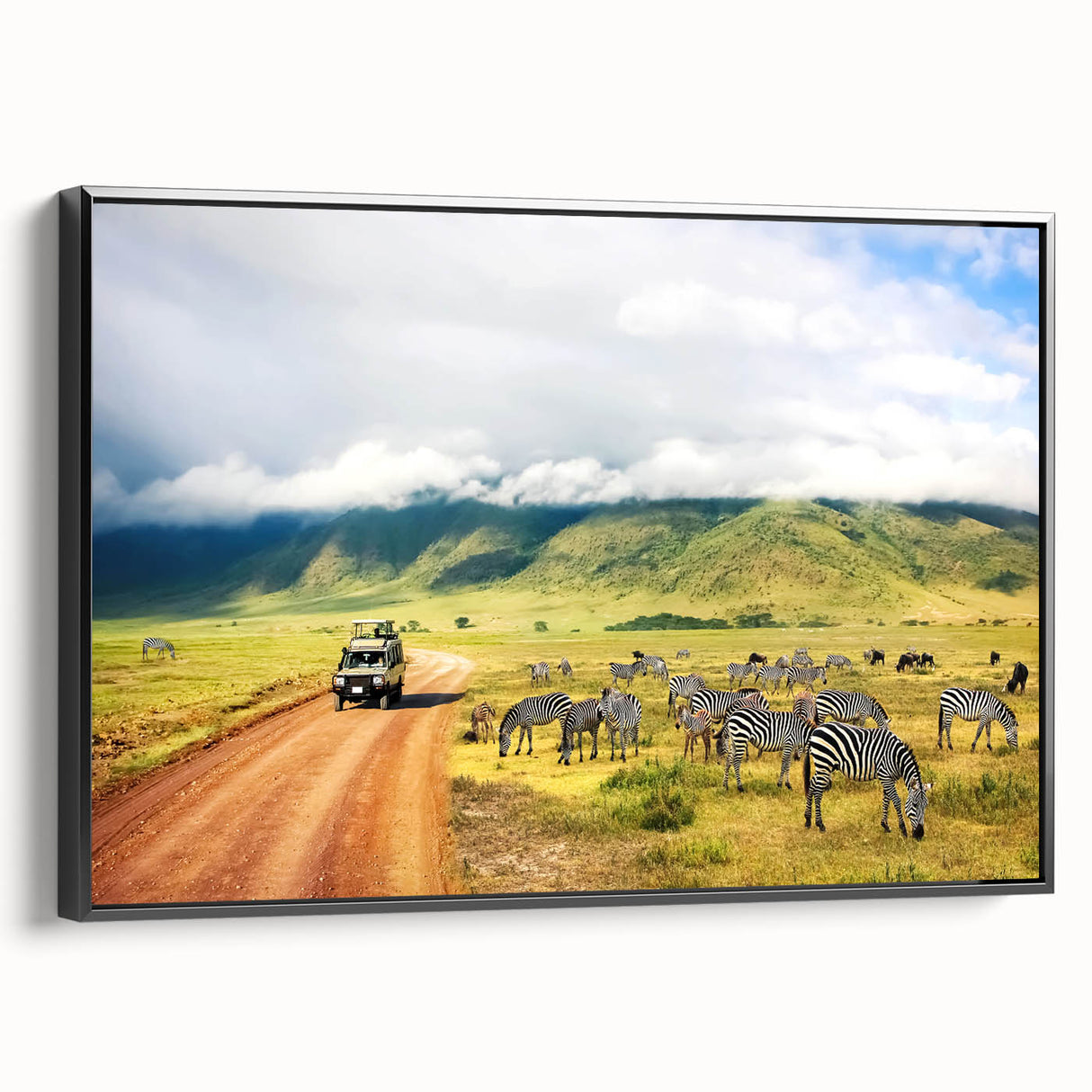 Black and white framed canvas of a Tanzanian landscape, ideal for bedroom wall decor.
