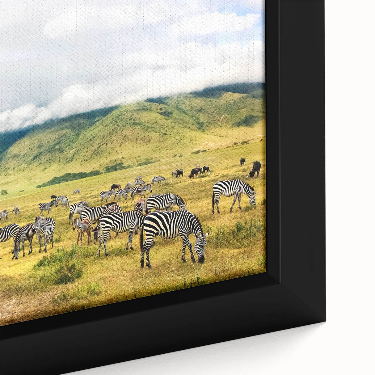 Extra large framed canvas featuring a textured depiction of Tanzania's scenery in vibrant, colorful art.