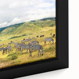 Extra large framed canvas featuring a textured depiction of Tanzania's scenery in vibrant, colorful art.