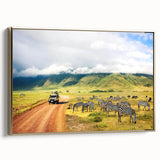 Framed canvas wall art depicting a serene Tanzanian landscape in earthy tones, ideal for bedroom decor.