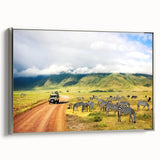 Framed canvas landscape art painting depicting a serene Tanzanian scenery in muted earth tones, ideal for living room decor.