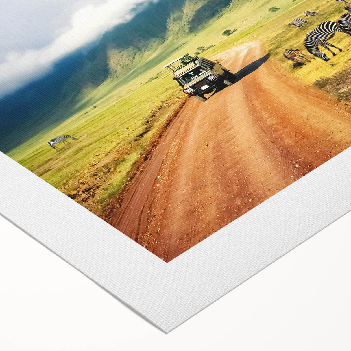 Art deco poster of a Tanzanian scenery in muted earth tones on rolled canvas, suitable for dining room wall art.