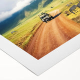 Art deco poster of a Tanzanian scenery in muted earth tones on rolled canvas, suitable for dining room wall art.