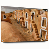 Large abstract acrylic print of a Tunisian landscape in earth tones, ideal for bedroom or dining room decor.