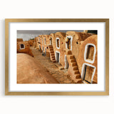 Extra large abstract art print depicting a textured Tunisian landscape in earth tones, framed in gold.