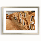 Textured art print of an abstract Tunisian landscape in earthy tones, framed in silver, ideal for bedroom art.