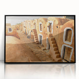 Large abstract wall art depicting a Tunisian landscape in muted earth tones on a framed acrylic.