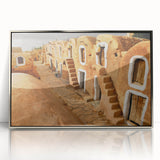 Mid-century modernist art depicting a Tunisian landscape in muted earth tones, framed in silver acrylic.