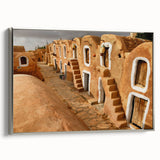 Framed canvas landscape art painting of a Tunisian scene in muted earth tones, ideal for adding a vintage touch to any room.