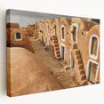 Side view of a stretched canvas depicting a Tunisian landscape in warm earth tones, ideal for kitchen wall art.