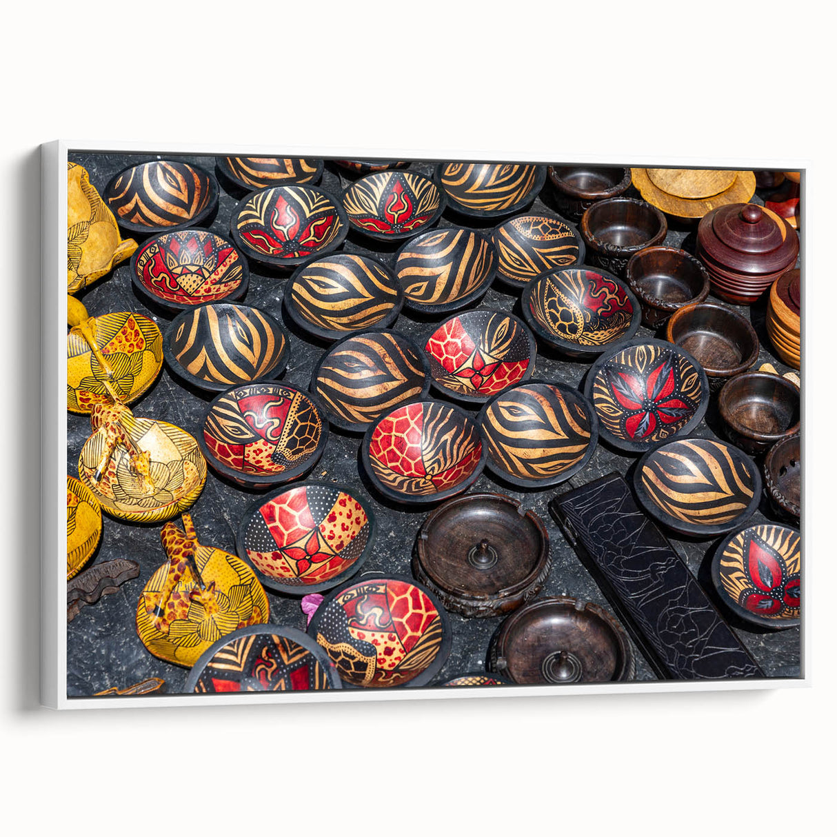Vintage poster art of Zambia scenery on framed canvas, featuring colorful art with black accents.