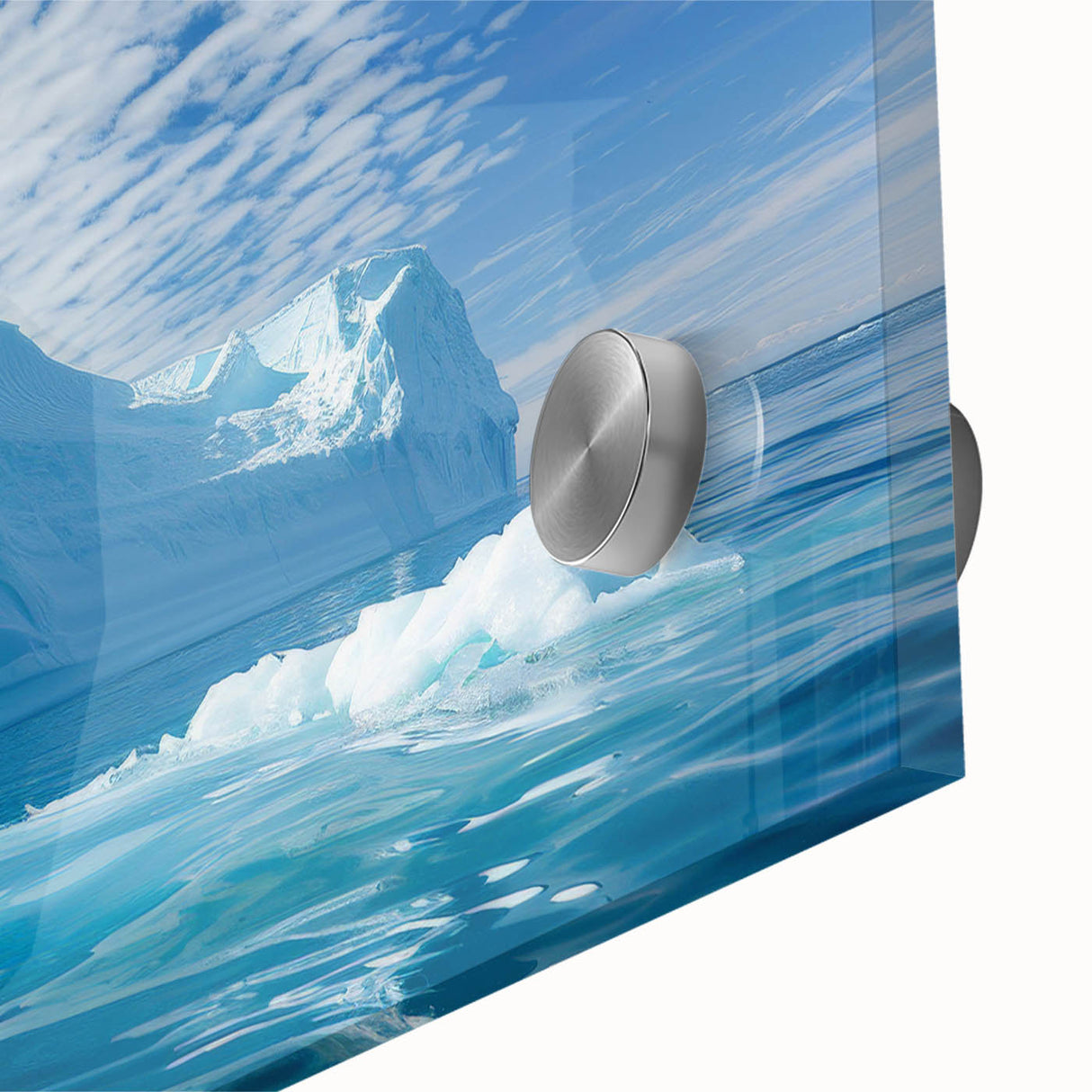 Large abstract wall art of Antarctic scenery in muted blue and white tones on acrylic glass, ideal for dining room art.