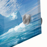 Large abstract wall art of Antarctic scenery in muted blue and white tones on acrylic glass, ideal for dining room art.