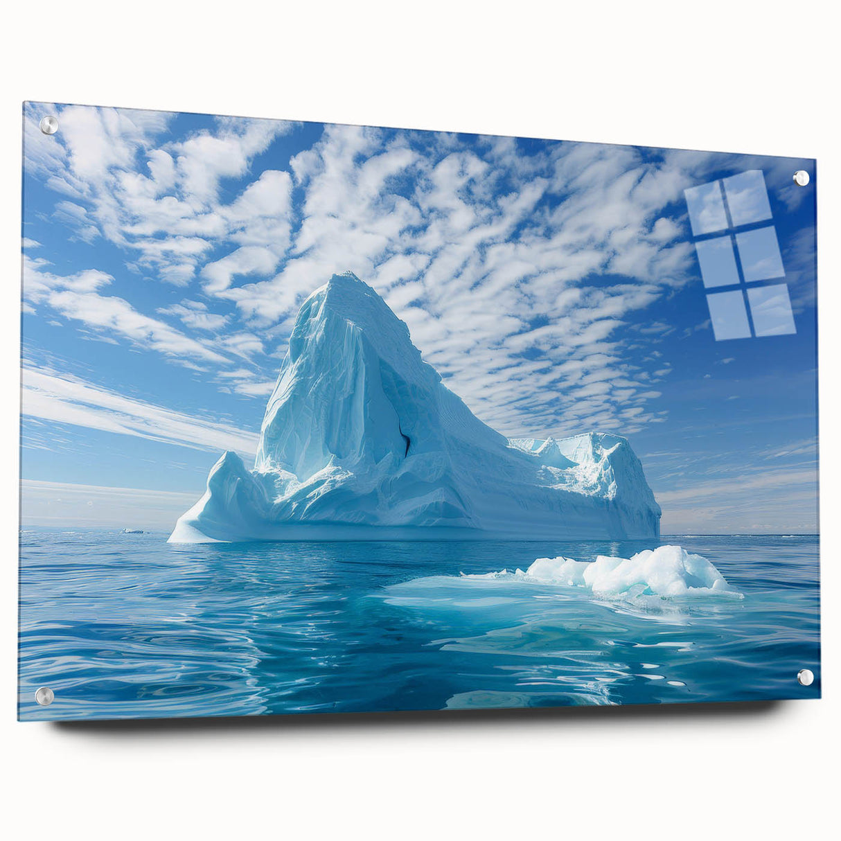 Antarctic landscape on large acrylic glass, featuring icy blue and white tones, suitable for bedroom or dining room decor.