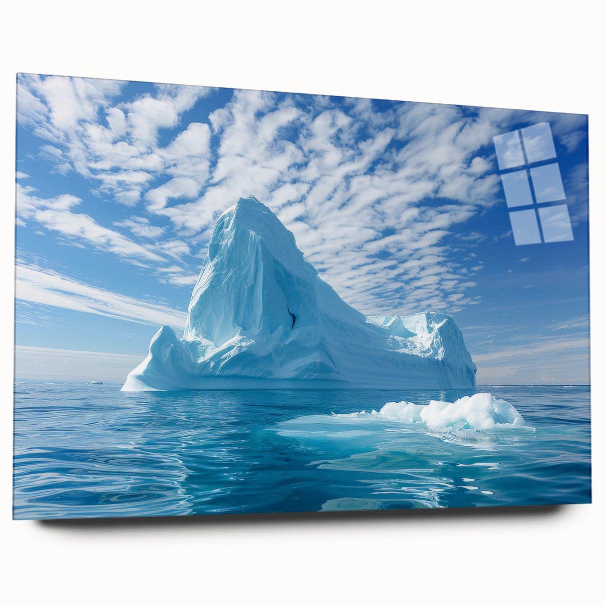 Large abstract wall art of Antarctic scenery in muted blue and white tones on acrylic glass.