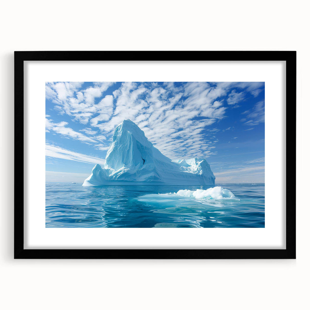 Extra large abstract art print depicting a colorful Antarctic scenery on a textured canvas, framed in black.
