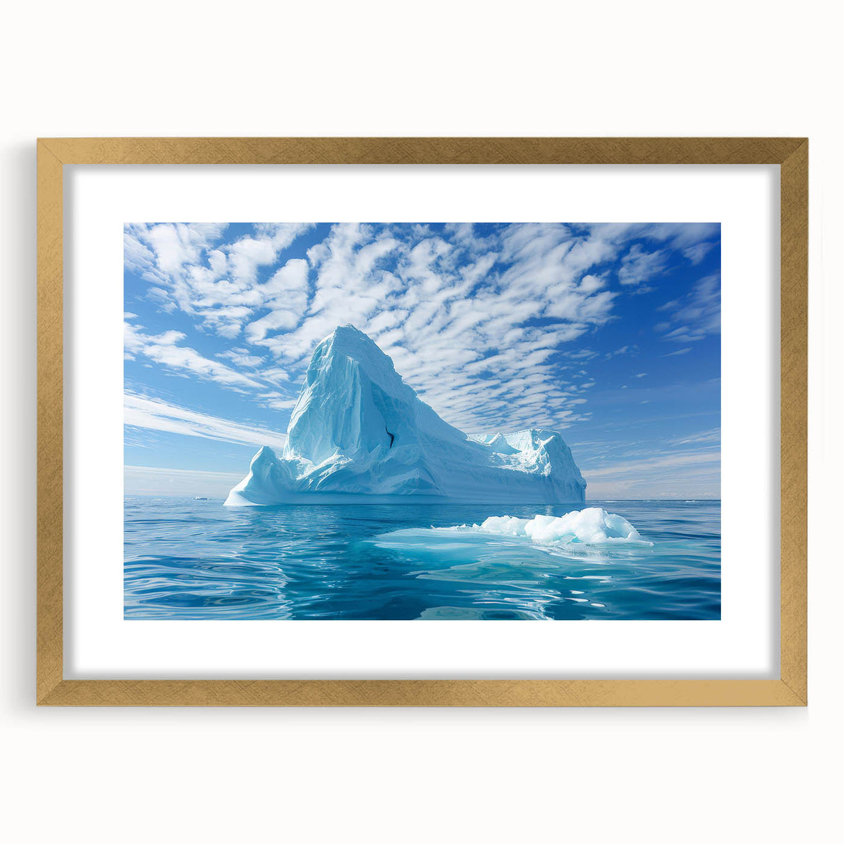 Extra large abstract art print of Antarctic scenery in textured style, framed in gold, ideal for living room decor.