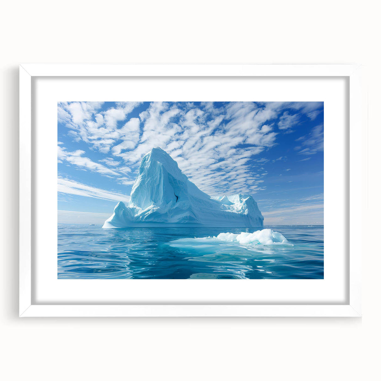 Abstract art print of Antarctic scenery in muted blue and white tones, framed with a white mat, ideal for dining room decor.
