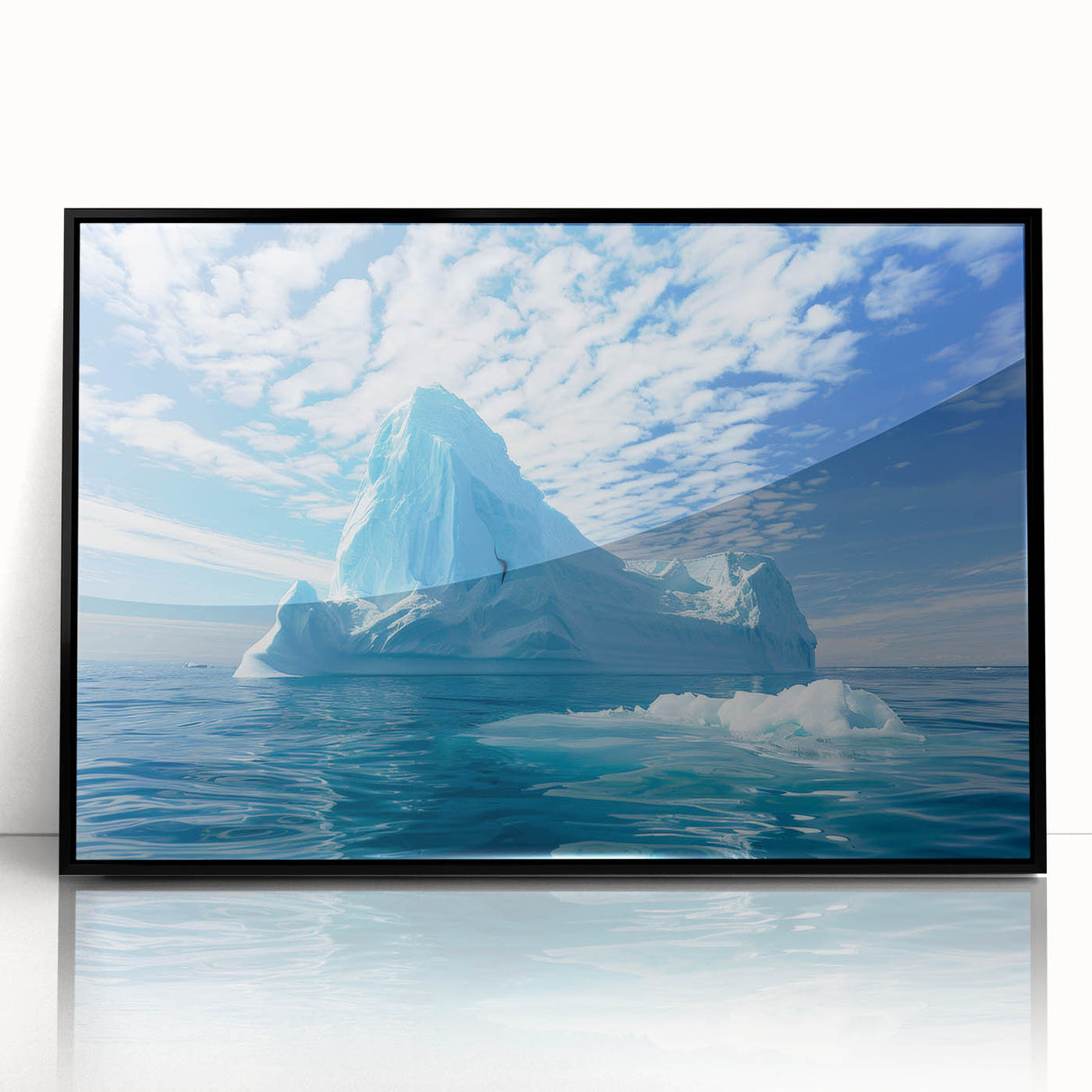 Large abstract wall art depicting an Antarctic landscape in muted gray tones, framed in black acrylic.