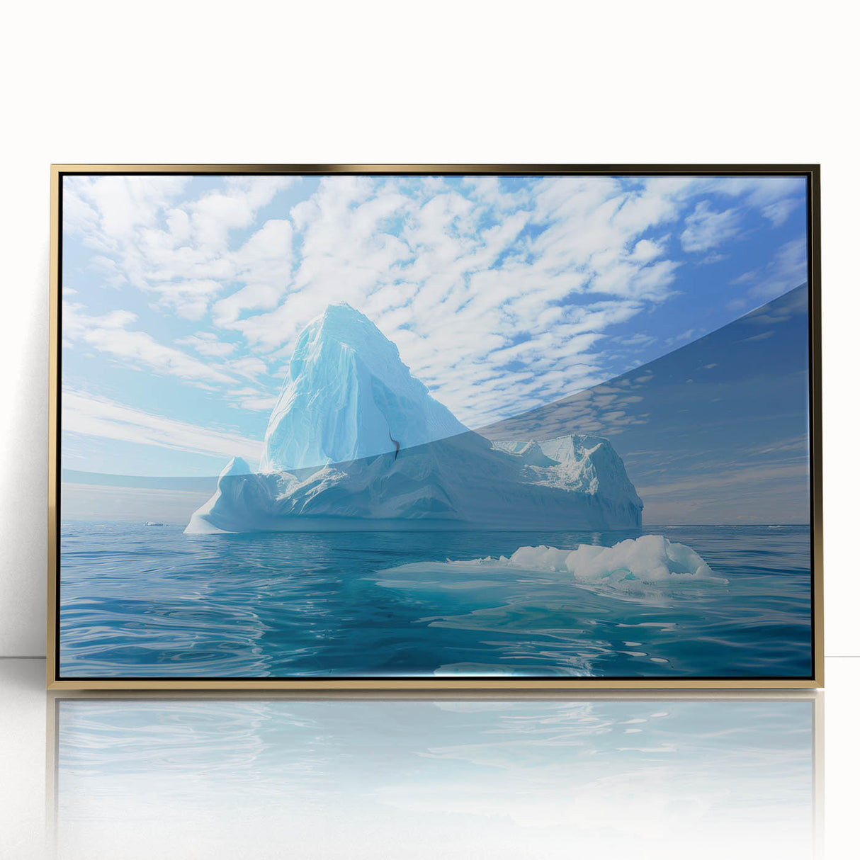 Framed acrylic print of a serene Antarctic landscape in muted blue and white tones, ideal for modern art wall decor.