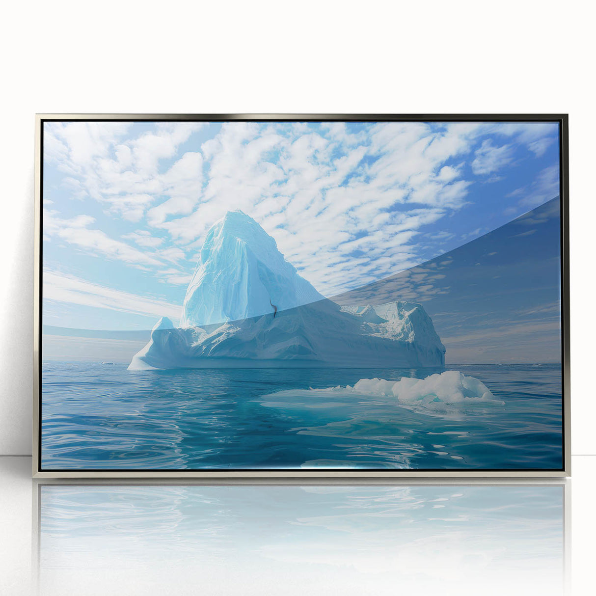 Mid-century modernist art depicting an Antarctic landscape in muted blue tones, framed in silver acrylic.