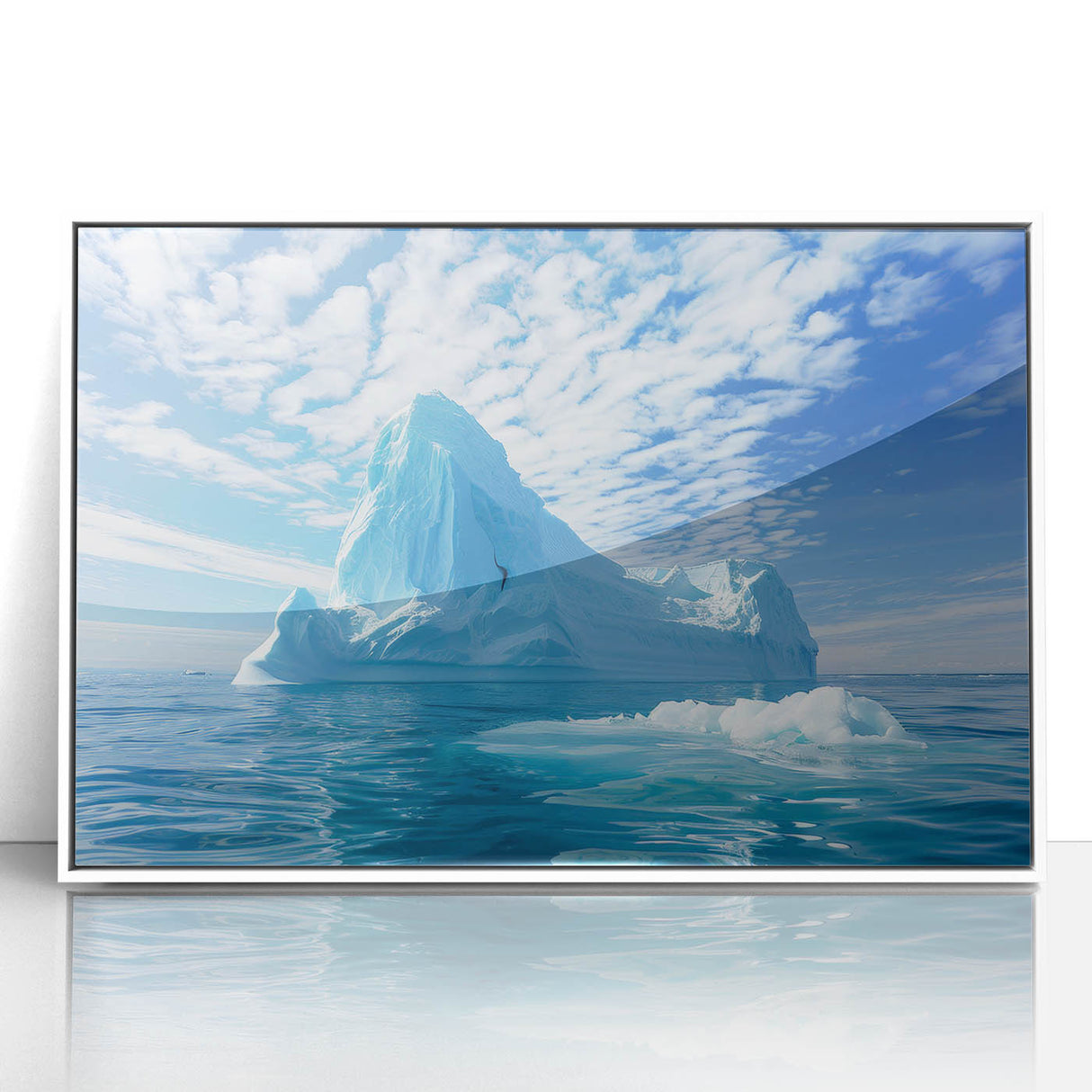 Art Deco poster of a serene Antarctic landscape in soft blue tones on a framed acrylic, ideal for modern art wall decor.