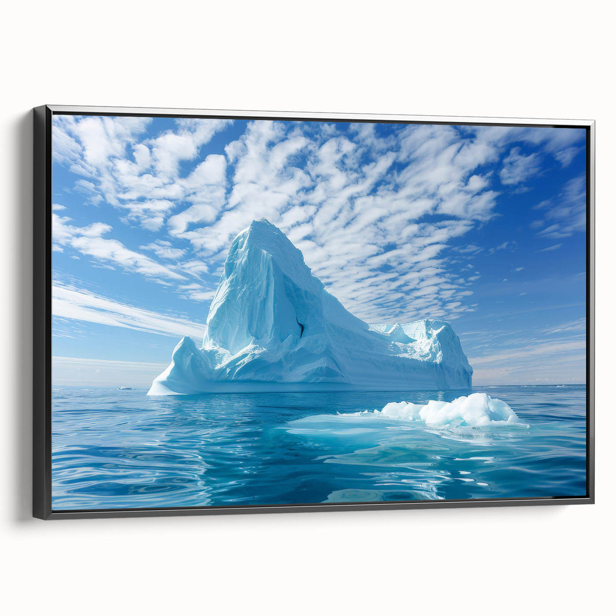 Black and white wall art depicting an Antarctic landscape on framed canvas, suitable for bedroom decor.