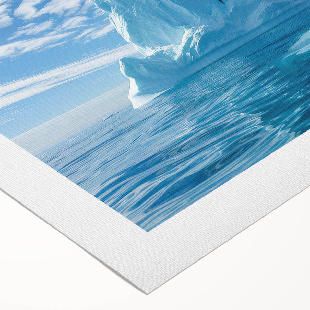 Art deco poster featuring a serene Antarctic landscape with icy blue and white tones on a rolled canvas.