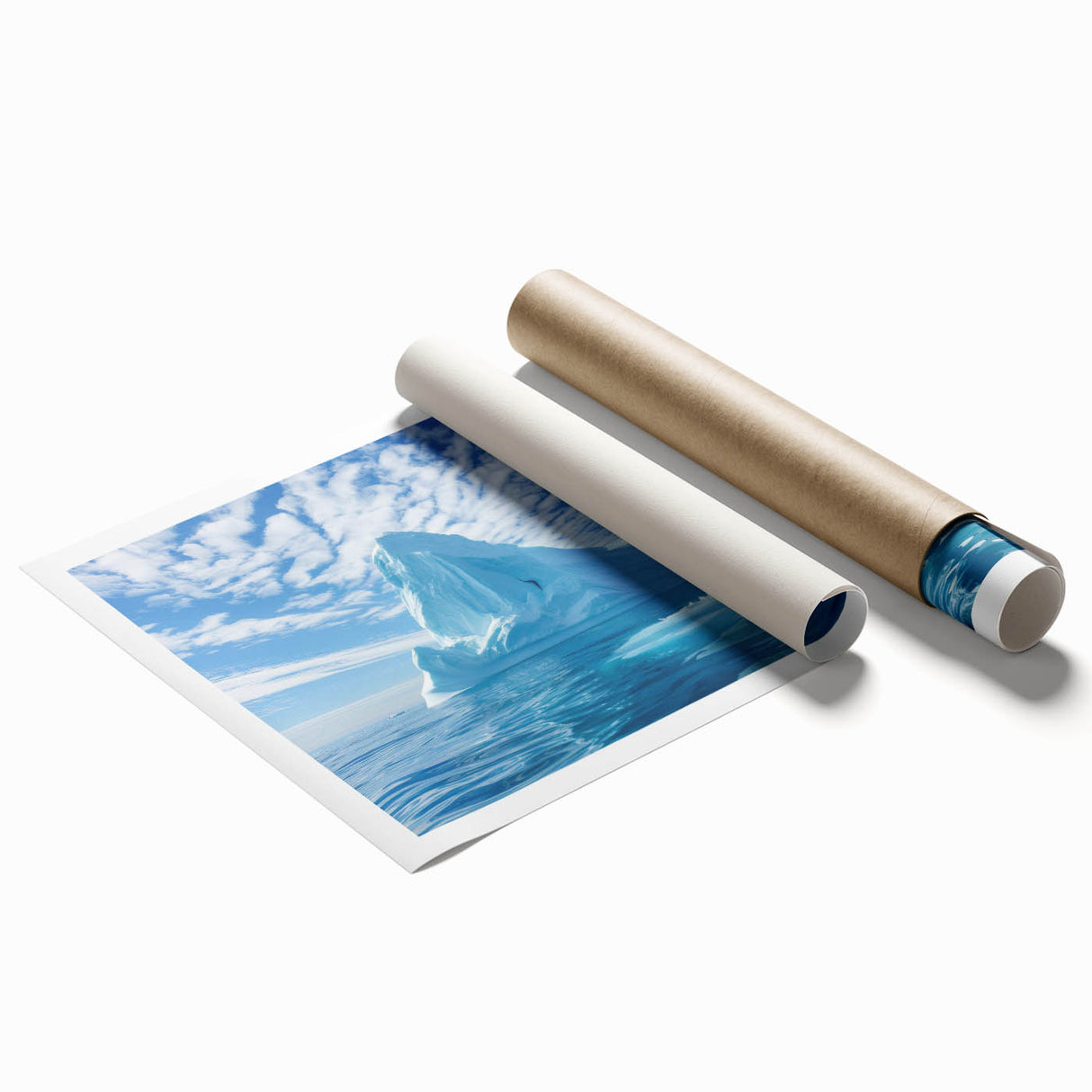 Antarctic landscape on rolled canvas, featuring icy blue tones and a minimalist style.