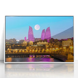 Art deco poster featuring a serene Azerbaijani landscape in muted earth tones on a framed acrylic.