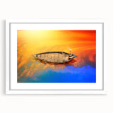 Textured abstract art print of a serene Bangladesh landscape in muted green and blue tones, framed with a white mat.