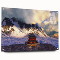 Large abstract wall art depicting an Asian Bhutan scenery in muted earth tones on acrylic glass.