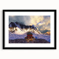 Extra large abstract art print of vibrant, colorful Asian scenery on textured canvas, framed in black.