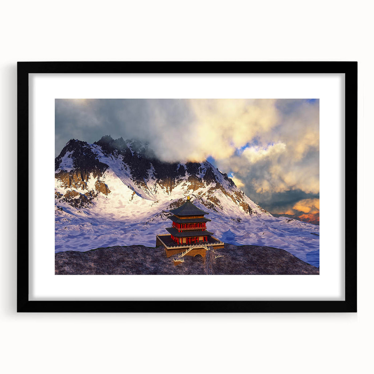 Extra large abstract art print of vibrant, colorful Asian scenery on textured canvas, framed in black.