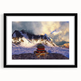 Extra large abstract art print of vibrant, colorful Asian scenery on textured canvas, framed in black.