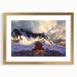 Extra large abstract art print depicting a textured Bhutanese landscape in muted earth tones, framed in gold.