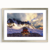 Textured art depicting an abstract Bhutanese landscape in muted earth tones, framed in silver, ideal for bedroom art.