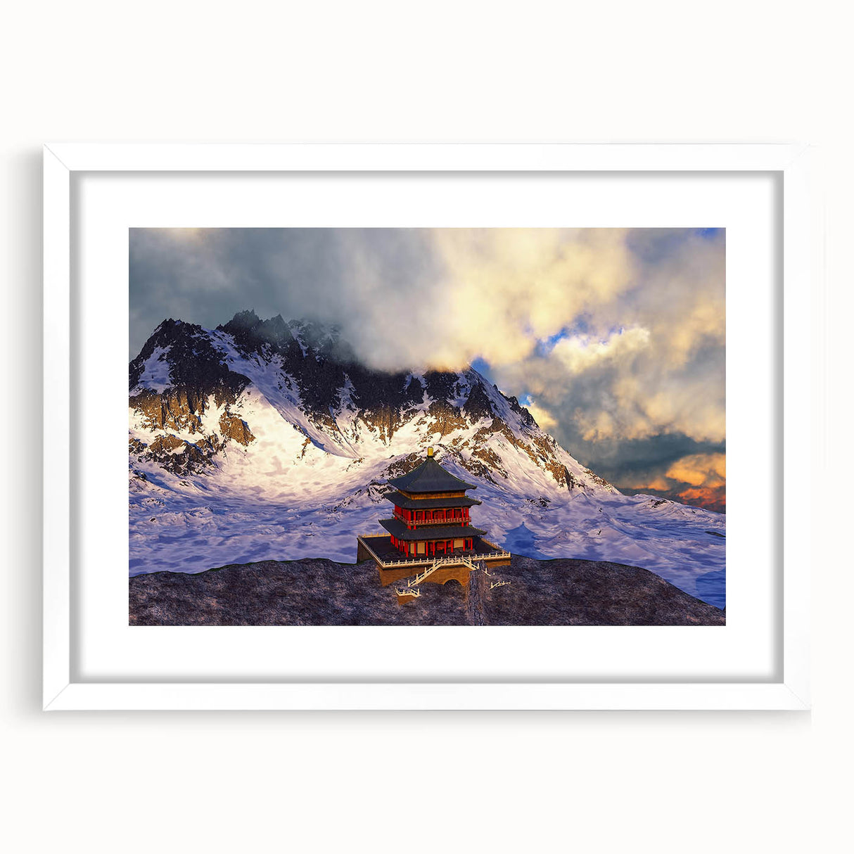 Abstract art print of a Bhutanese landscape in muted earth tones on a framed white mat, ideal for dining room decor.